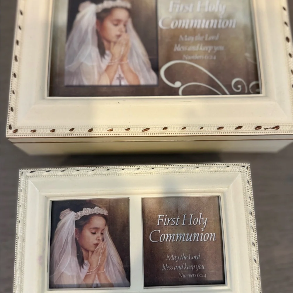 Cream Religious First Communion Keepsake Music Box Set